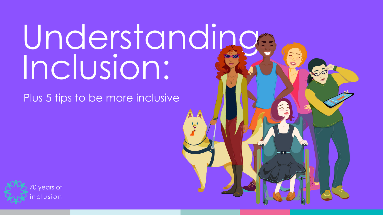 Blog header that reads 'Understanding Inclusion: Plus 5 tips to be more inclusive. There is also a cartoonish graphic of a group of people with varying disabilities and support needs. One person has a guide dog.