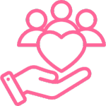 Icon of a hand holding a heart with three genderless people heads to represent inclusion's value of people