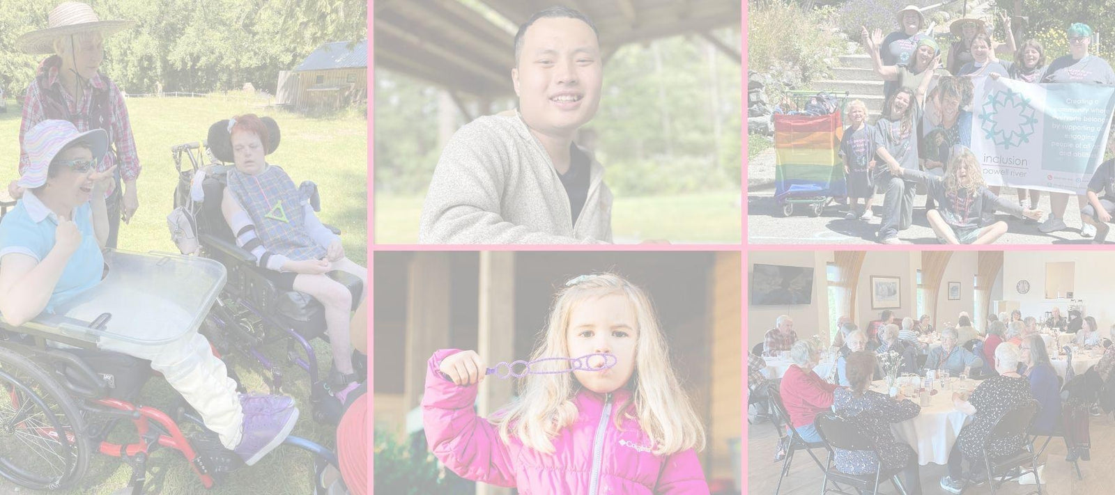 A photo grid with a young man smiling at the camera, a young girl in a pink jacket blowing bubbles, a group of people holding up a banner at the Pride Parade, seniors enjoying lunch at Gerry Gray Place, and two women in wheelchairs socializing outside. 