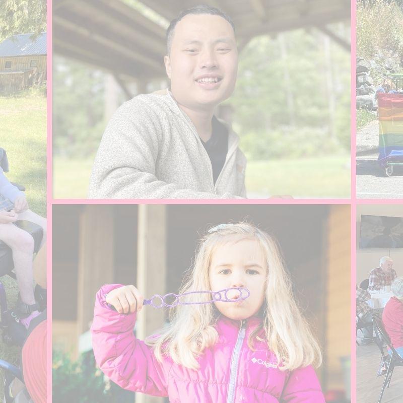 A photo grid with a young man smiling at the camera and a young girl in a pink jacket blowing bubbles. 