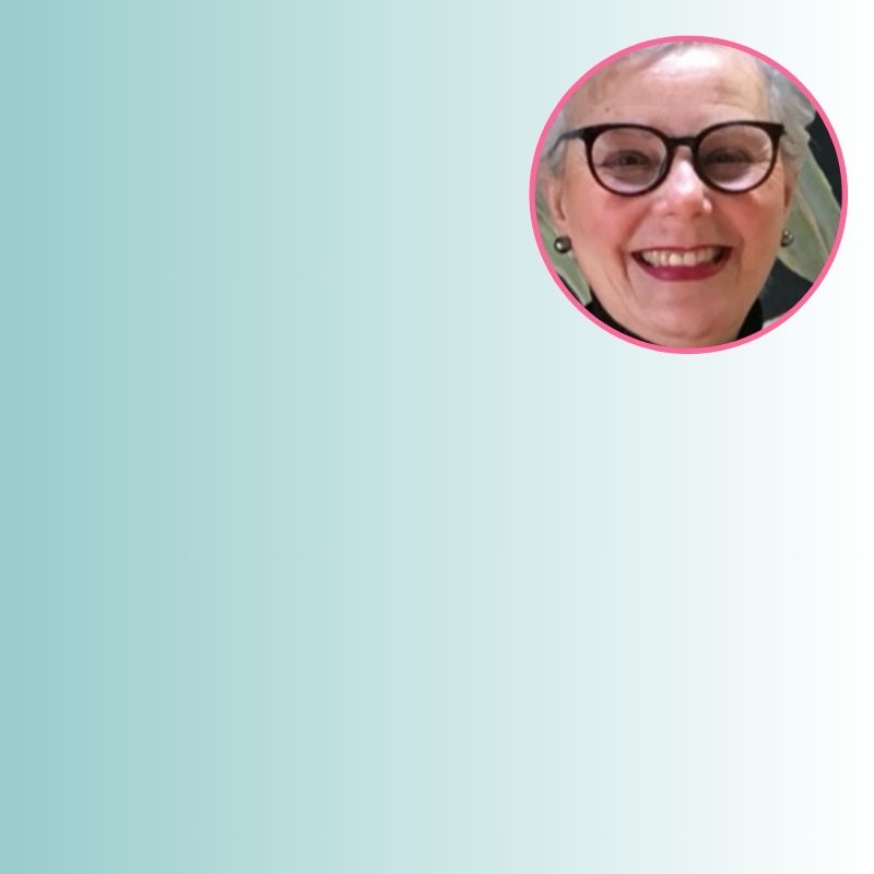 Up close image of a woman with a pink frame